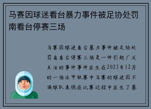 马赛因球迷看台暴力事件被足协处罚南看台停赛三场