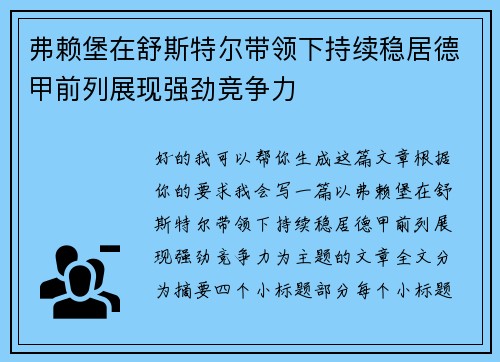 弗赖堡在舒斯特尔带领下持续稳居德甲前列展现强劲竞争力