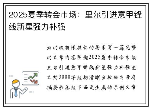 2025夏季转会市场：里尔引进意甲锋线新星强力补强